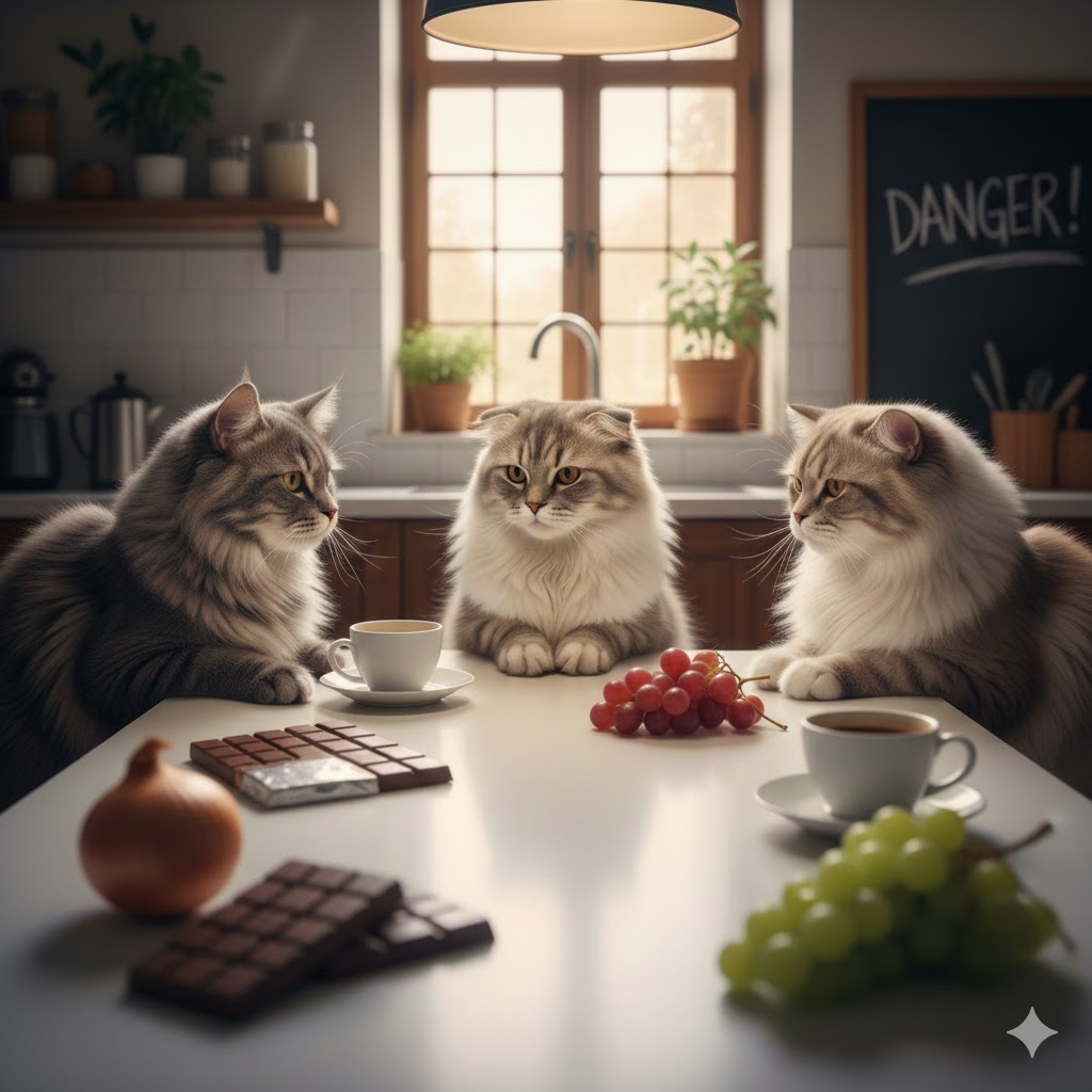 猫が食べてはいけない危険な食品を避ける3匹の猫